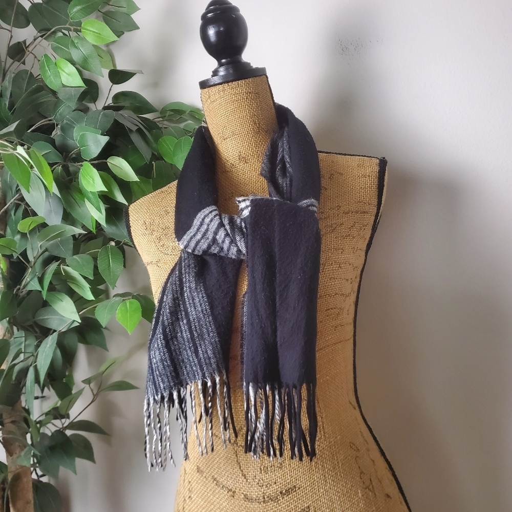 Black Gray Plaid Fringe Scarf Unisex